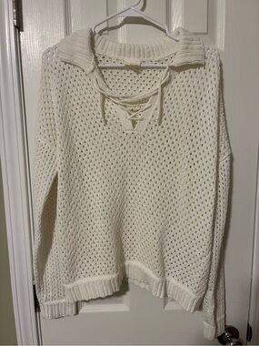 Cyrus Cream Lace-Up Openwork Knit Turtleneck Sweater